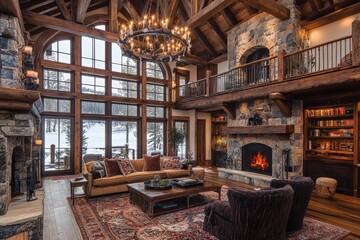 Fototapeta premium Cozy cabin living room with stone fireplace and large windows overlooking snowy landscape