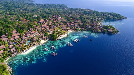 Fototapeta premium Aerial View of Tropical Island Resort with Boats