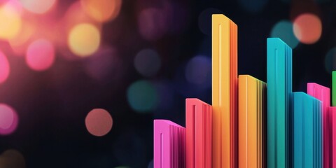 Obraz premium A vibrant, abstract depiction of colorful bar graphs against a blurred, multicolored background, representing data visualization and analytics.