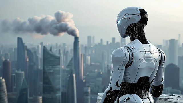 A modern robot overlooking a ruined cityscape with contemplation