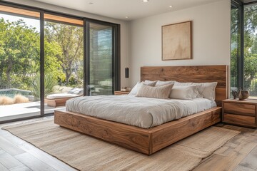 Elegant modern bedroom design with a wood bed frame and large windows overlooking a serene outdoor space