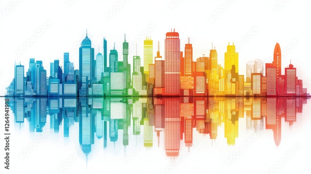 Poster Colorful Skyline Illustration with Reflection and Gradient Effect for Modern Design Projects