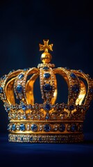 Obraz premium Majestic Golden Crown Adorned with Sapphire Jewels Symbol of Royalty and Power on Dark Backdrop