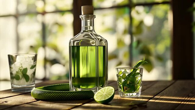 An ornate absinthe bottle with a shot glass and lime wedge