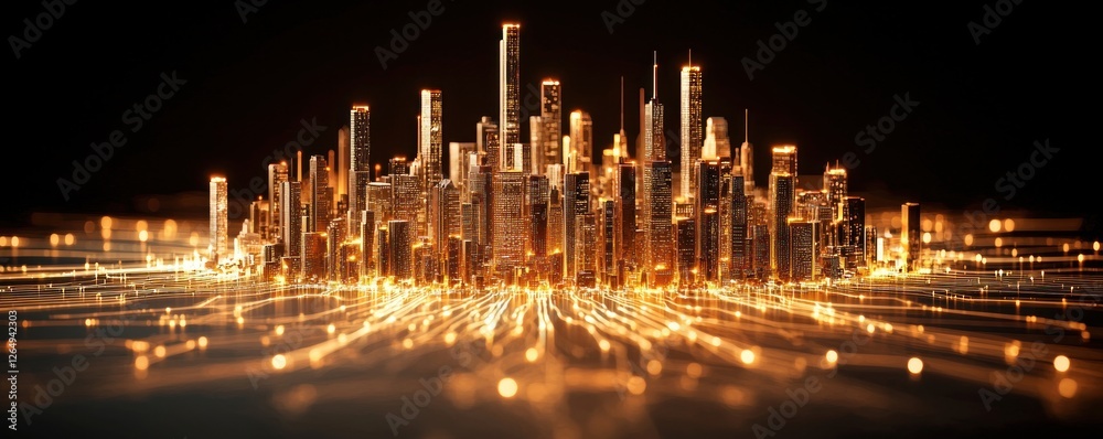 Fototapete Futuristic City Skyline with Dazzling Lights and Dynamic Motion in a Dark Background