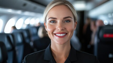 Smiling flight attendant welcomes passengers aboard a modern aircraft during a sunny day flight