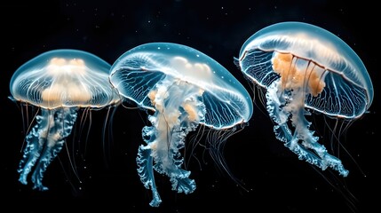 Three Jellyfish Glowing in the Deep Ocean Mysterious Underwater Life Marine Creature