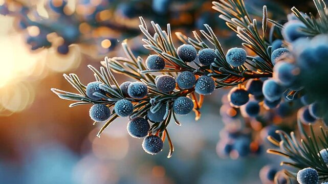 Close-up of Juniper Branch with Needles and Berries