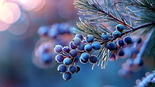 Close-up view of juniper branch with vibrant green needles and berries