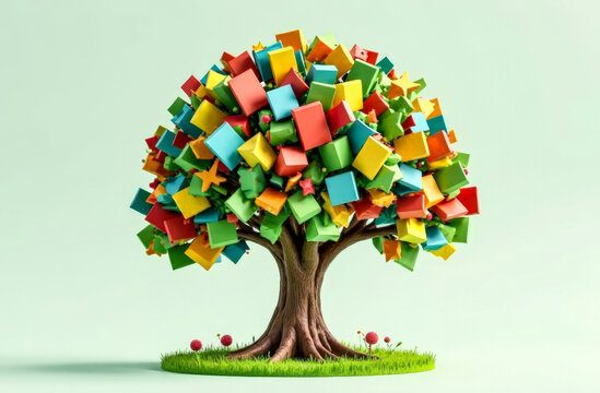Creative poster design dedicated to the International Children's Book Day. A bright green tree with children's books and notebooks growing on it