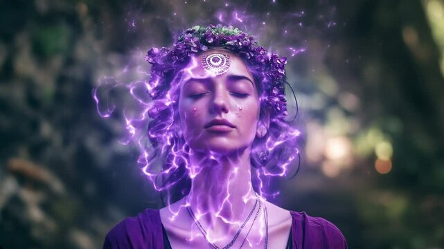 spiritual woman opening her crown chakra to connect with the universe. enveloping herself with purple aura and light. mediting in nature