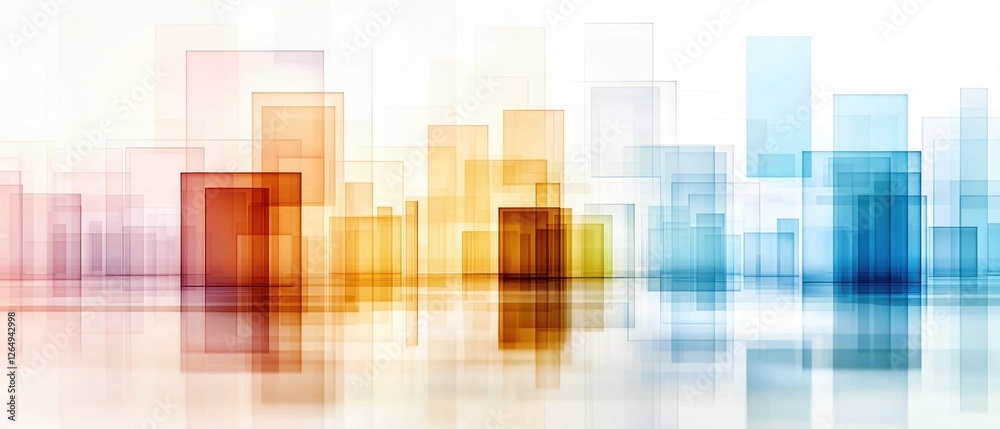 Poster Abstract digital background with colorful translucent rectangles and reflections in soft hues of orange and blue