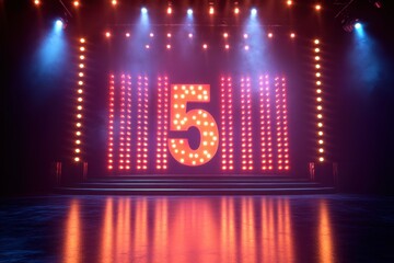 A stage with a large pink number 5 lit up on it
