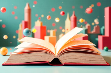 Creative 3D poster dedicated to the International Children's Book Day. an open children's book with design elements