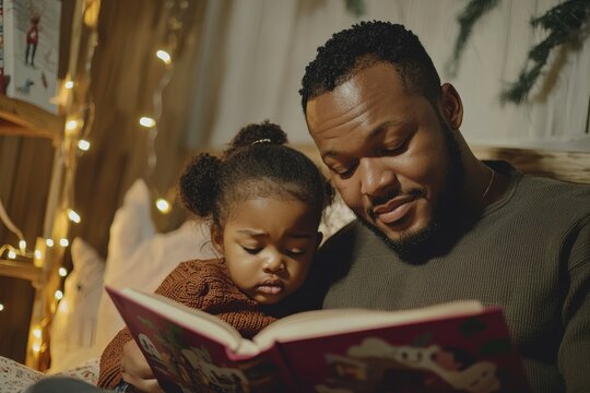 A father and his cute little daughter are enjoying reading a story book together in their decorated bedroom with twinkle lights during the early evening hours. - Powered by Adobe