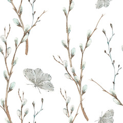 Watercolor seamless pattern with spring branches, white butterfly, willow tree. Ornament is hand-drawn and isolated on white background. For design, fabrics, textiles