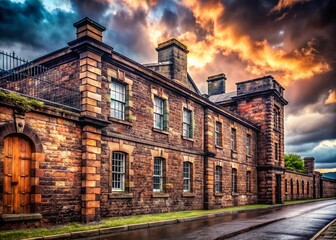 Historic Belfast Prison Museum Exterior, Crumbling Brick Walls,  Overcast Sky, Architectural Detail