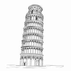 Leaning Tower of Pisa, icon, simple black and white sketch, angle view, isolated on a white background, without people, picture, image for printing on a T-shirt