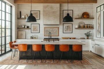 Modern kitchen design featuring a large island and stylish bar stools with natural light enhancing the elegant decor