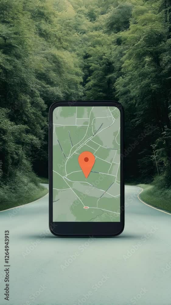 Poster Navigation app displaying current location on smartphone screen, positioned on asphalt road amidst lush green forest, creating a seamless blend of technology and nature in slow motion