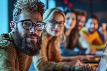 A diverse group of young professionals collaborates in a modern office setting, focused on a laptop screen, showcasing teamwork, technology, and positive work environment.