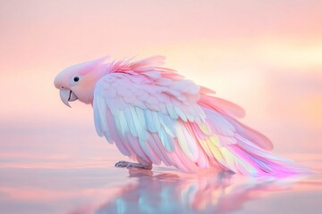 Obraz premium A vivid parrot with a tail of rainbow light glides gracefully above a glistening ocean at sunrise, surrounded by a soft-focus golden glow in a surreal setting