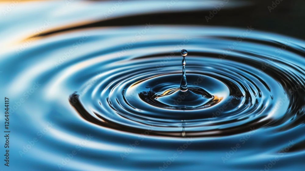 Aufkleber close-up view of water droplet creating ripples in calm surface during sunset or sunrise with soft g