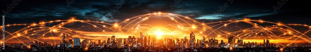 Poster vibrant sunset over city skyline with interconnected network lines representing technology and commu