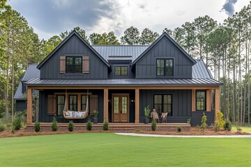  Modern farmhouse with dark exterior, metal roof, and a cozy front porch with a swing, surrounded by lush green lawn and tall pine trees, blending rustic charm with contemporary design.