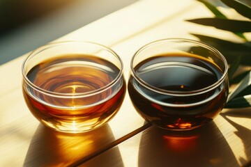 Glass cups of dark & light brew placed on wood table in the sunshine for ad