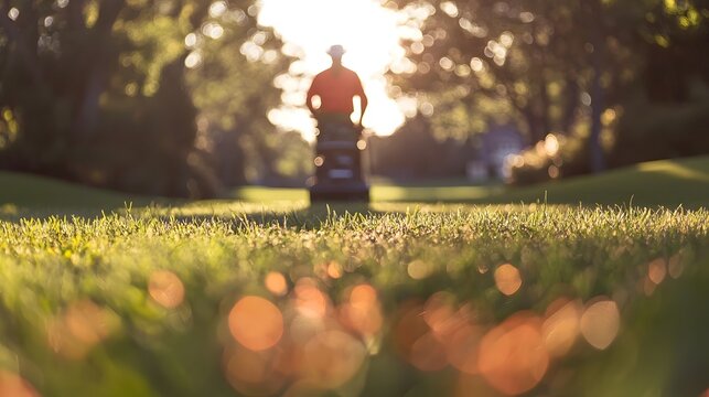 Silhouetted Golf Course Superintendent Working in Lush, Defocused Landscape