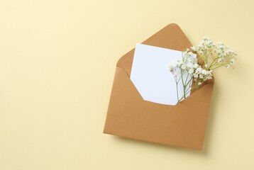 Top view photo with gypsophila flowers and paper envelope on color background 