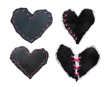 Black heart-shaped torn papers with pink stitches - Powered by Adobe