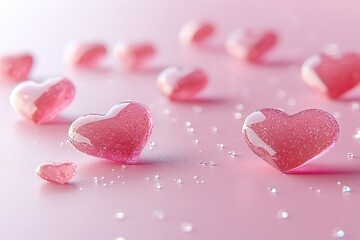 Fototapeta premium Delicate pink glass hearts scattered on a soft pastel background, reflecting light beautifully, evoking love, romance, and Valentine's Day charm in a dreamy aesthetic.