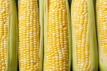 Fresh corn on cobs background, top view