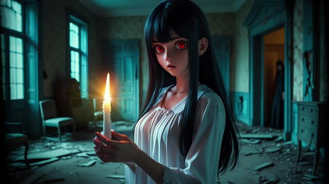 Mysterious anime girl holding a candle in haunted house. Seamless looping time lapse animation video background  

