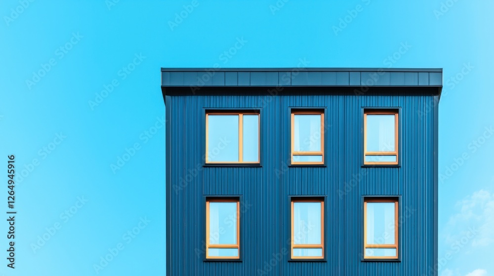 Poster modern blue building with symmetrical windows against clear sky in minimalist style