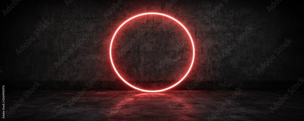 Poster neon circle light against dark grungy wall in an empty room with concrete floor and dramatic atmosph