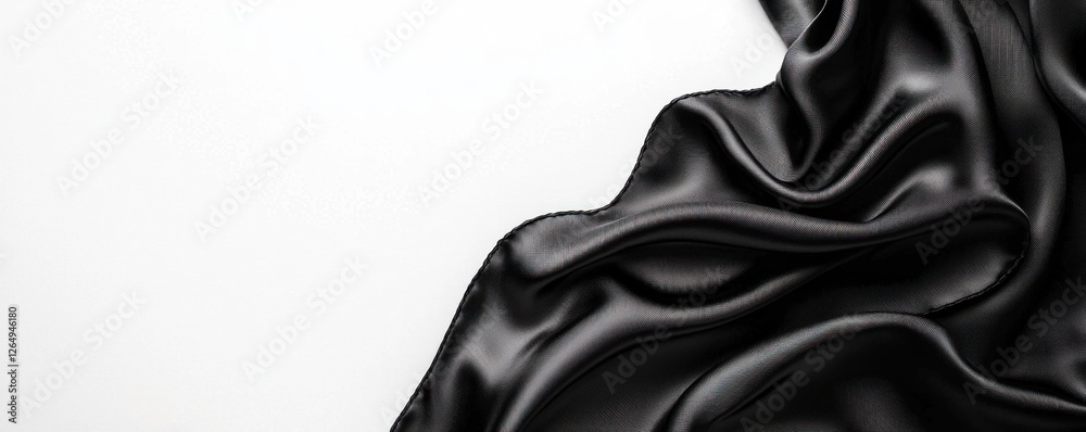 Aufkleber Smooth black silk fabric draped elegantly on a white background with soft shadows creating an inviting texture