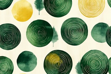 Abstract pattern featuring green and yellow circular shapes with tree silhouettes on a light background