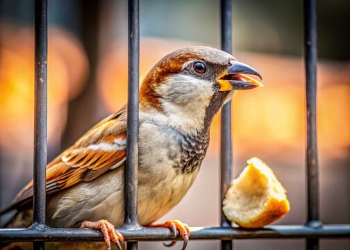 House Sparrow Eating Bread Behind Bars - High Depth of Field Stock Photo
