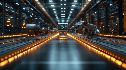 Futuristic Factory Automation: Robotic Arm on Assembly Line