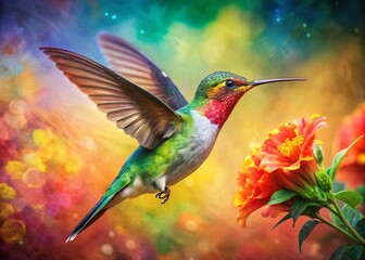 Fototapeta premium Hummingbird and Flower Double Exposure: Vibrant Watercolor Painting Effect