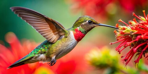 Fototapeta premium Hummingbird Feeding on Chuparosa Flower: Close-Up Macro Shot