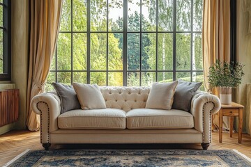 Cozy living room with a light-colored couch and large windows overlooking a lush garden