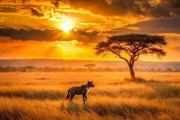 Hyena Sunset Savanna: Golden African Wildlife Aerial Photography