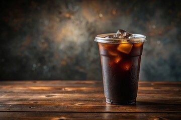 Iced Black Coffee Americano in Disposable Cup on Wooden Table - Minimalist Stock Photo