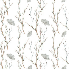 Watercolor seamless pattern with spring branches, white butterfly, willow tree. Ornament is hand-drawn and isolated on white background. For design, fabrics, textiles © Anastasiia