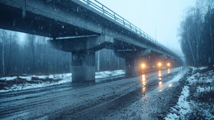 Fototapeta premium Snowy Road Under Bridge Winter Driving Vehicle Lights Cold Weather Scene