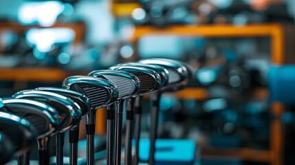 Close-up of Golf Club Fitting Workshop with Defocused Tools and Equipment